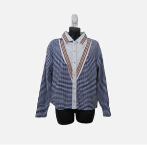 FM2050 size Large Seersucker Gingham Plaid Top Collared Long Sleeve Blue